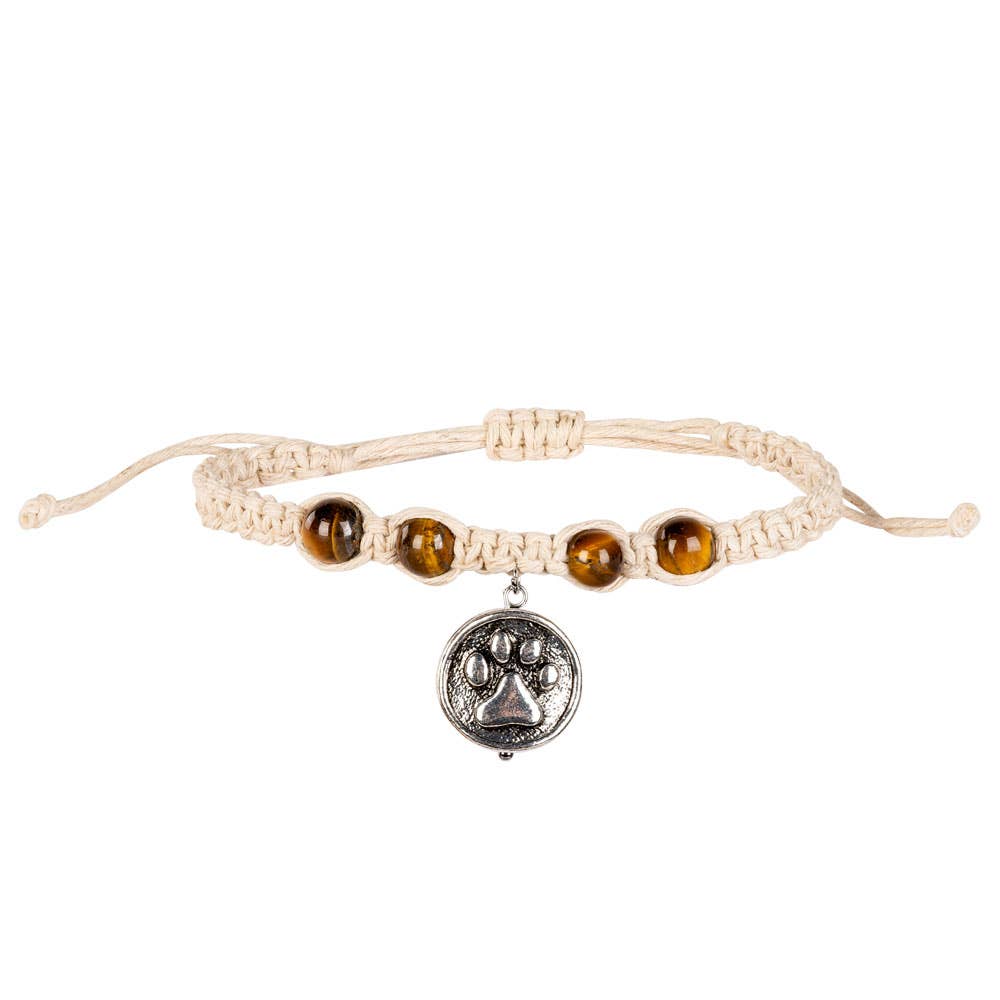 PAW PRINT CHARM HEMP BRACELET WITH TIGER EYE BEADS