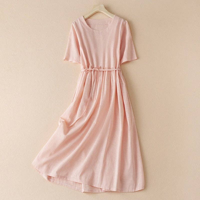 Women's Cotton & Hemp Lace-Up Solid Color Midi Dress
