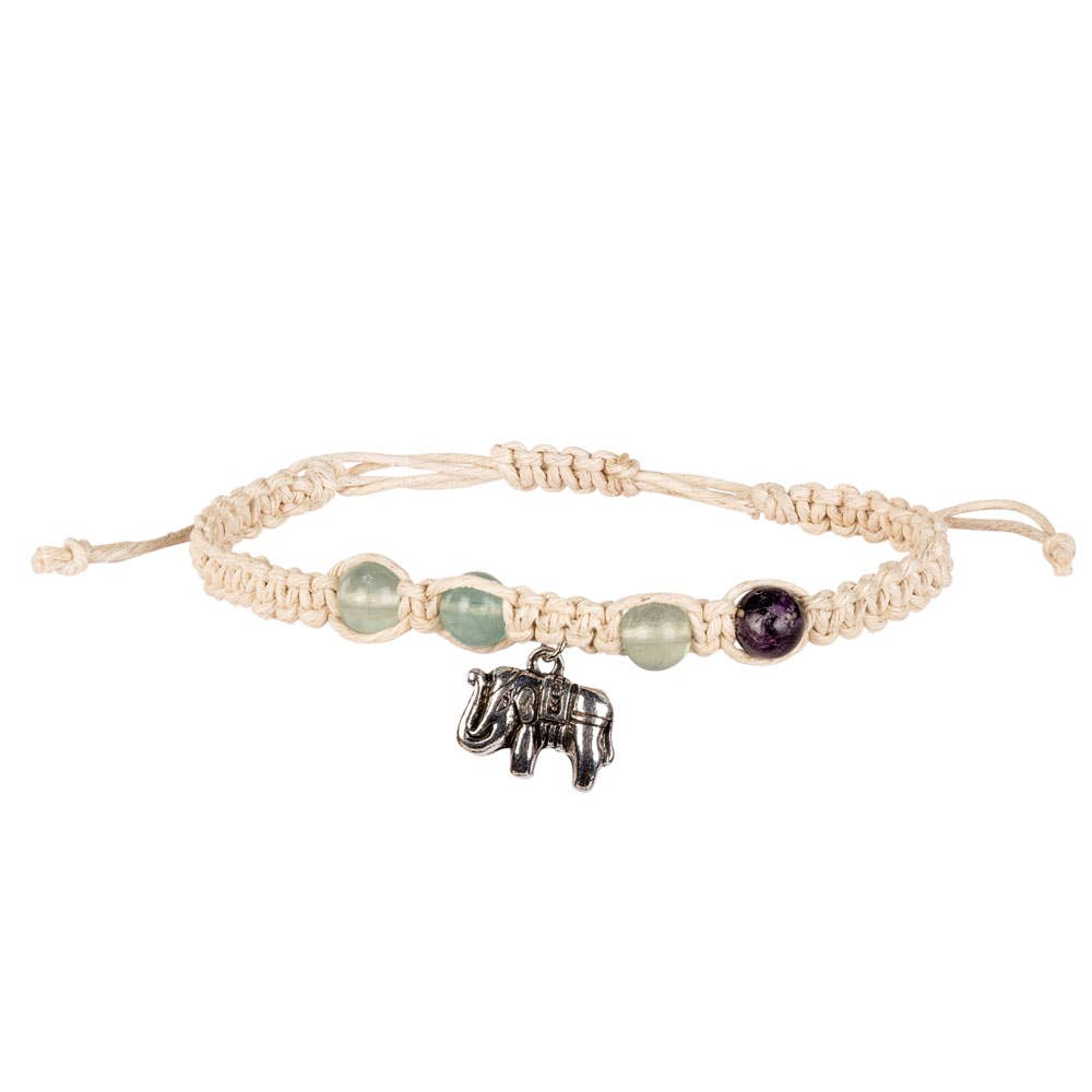 ELEPHANT CHARM HEMP BRACELET WITH GREEN FLOURITE BEADS
