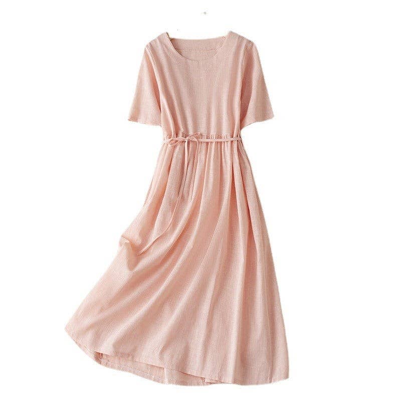 Women's Cotton & Hemp Lace-Up Solid Color Midi Dress