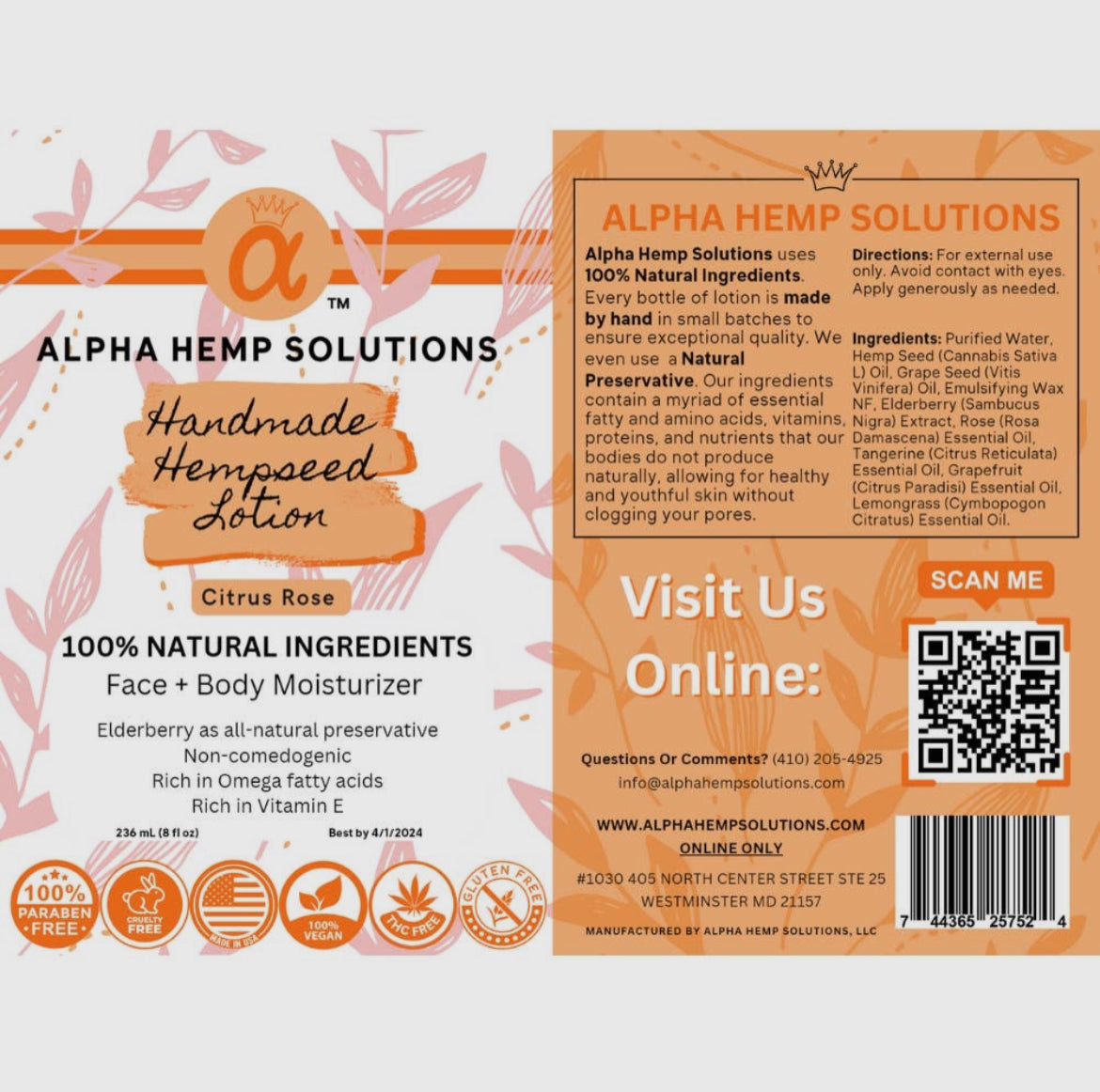 100% Natural Hempseed Lotion - Citrus Rose