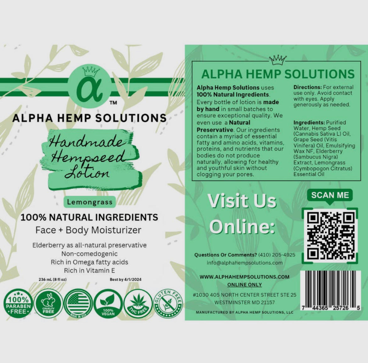 100% Natural Hempseed Lotion - Lemongrass