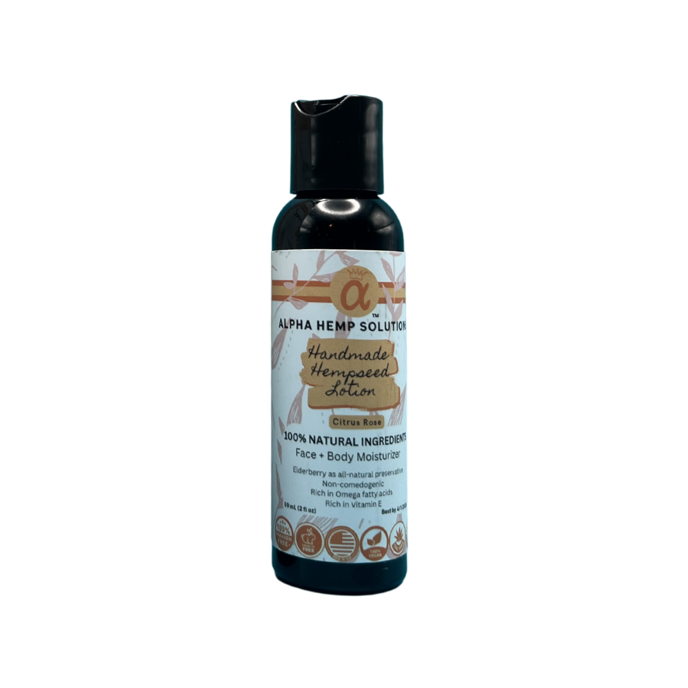 Bottle of all natural citrus rose hemp lotion..
