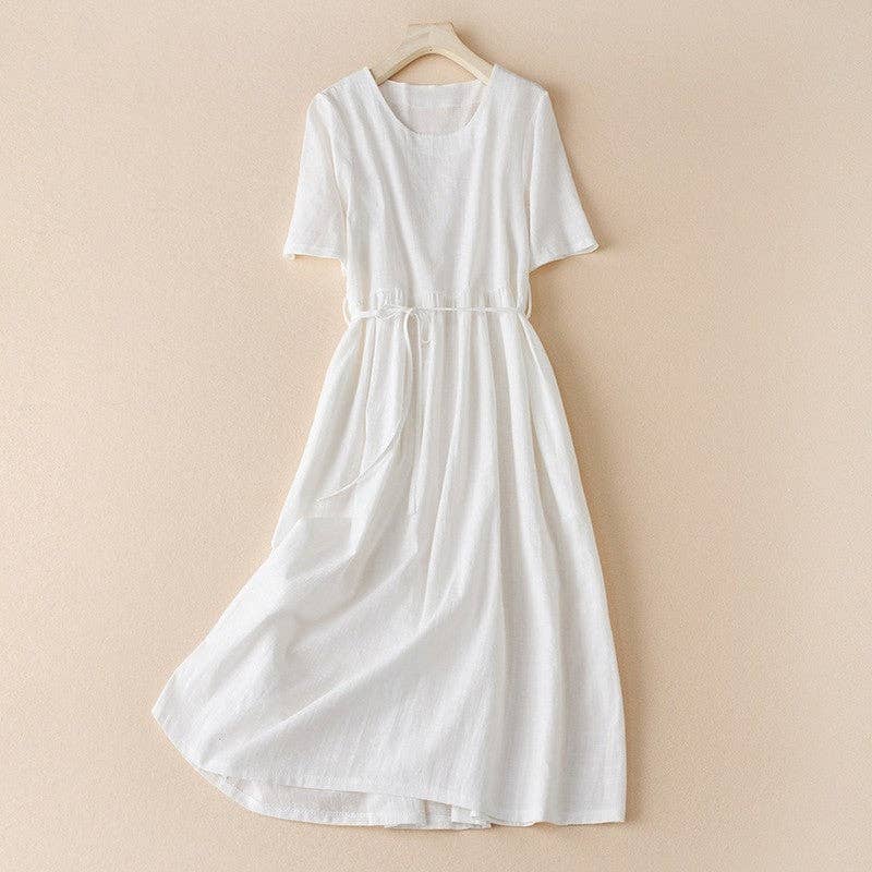 Women's  Cotton & Hemp Lace-Up Solid Color  Midi Dress