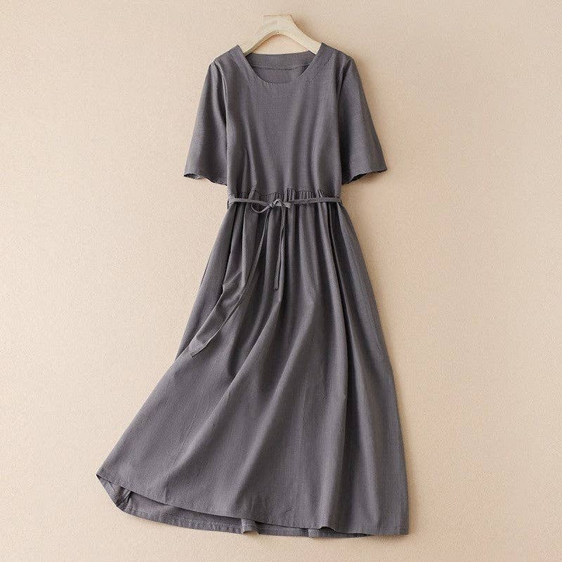 Women's  Cotton & Hemp Lace-Up Solid Color  Midi Dress