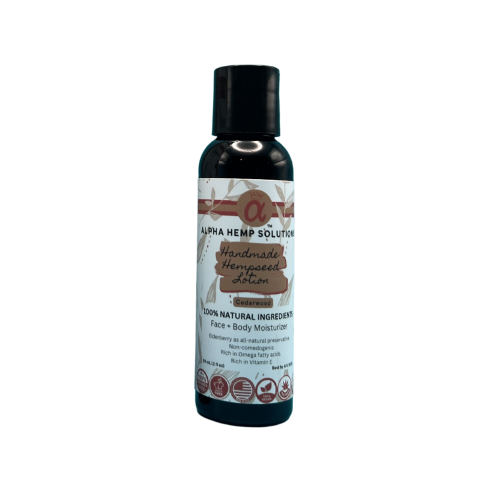 Bottle of all natural cedarwood hemp lotion.
